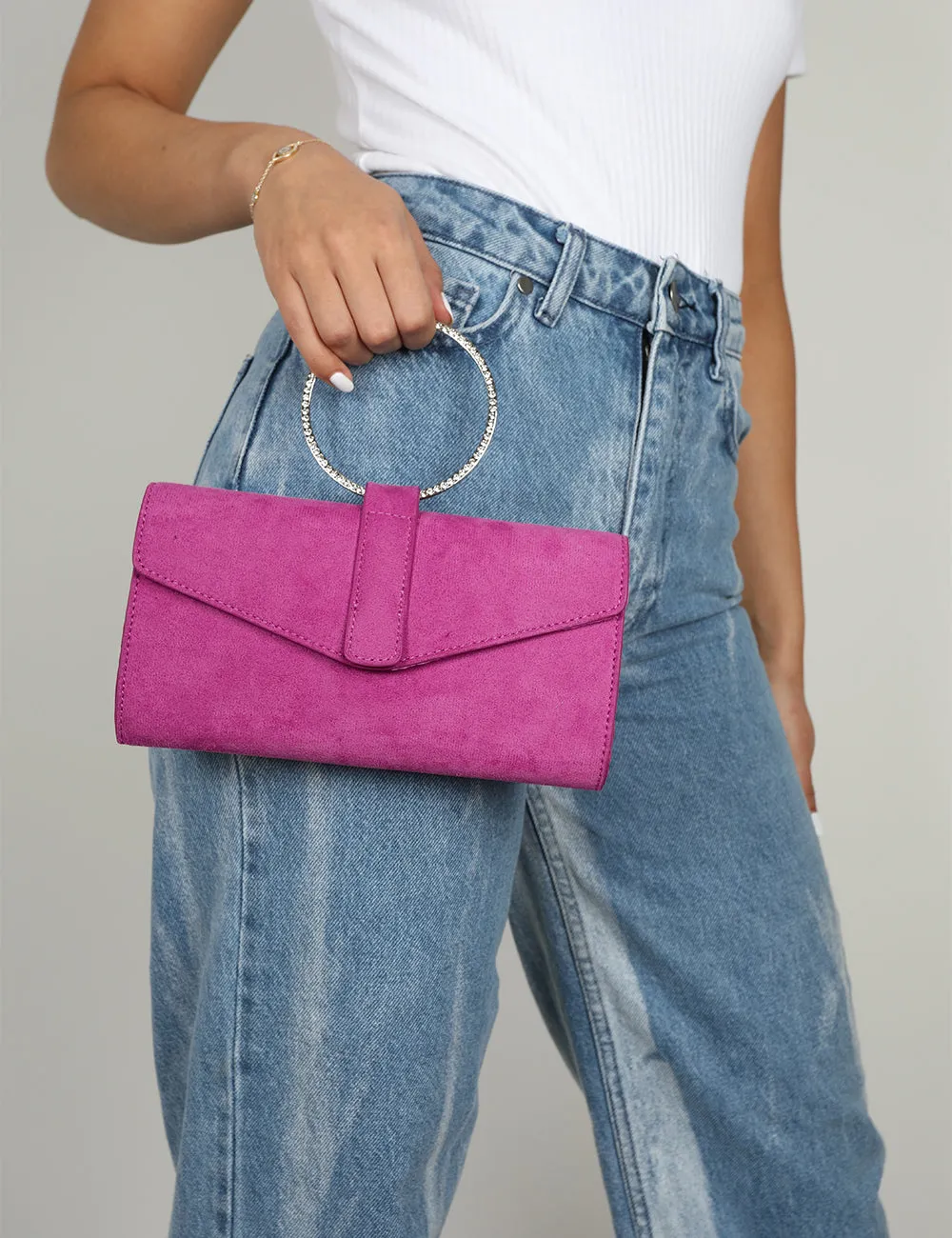 The Pammy Pink Suede Diamante Handle Envelope Clutch