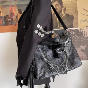 Y2K Gothic Skulls Printing Leather Large Capacity Punk Cross Chain Bag